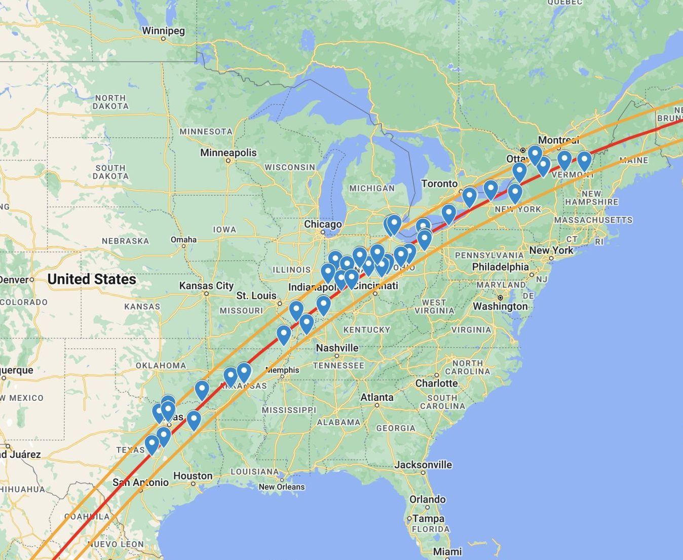 US map of the path of totality