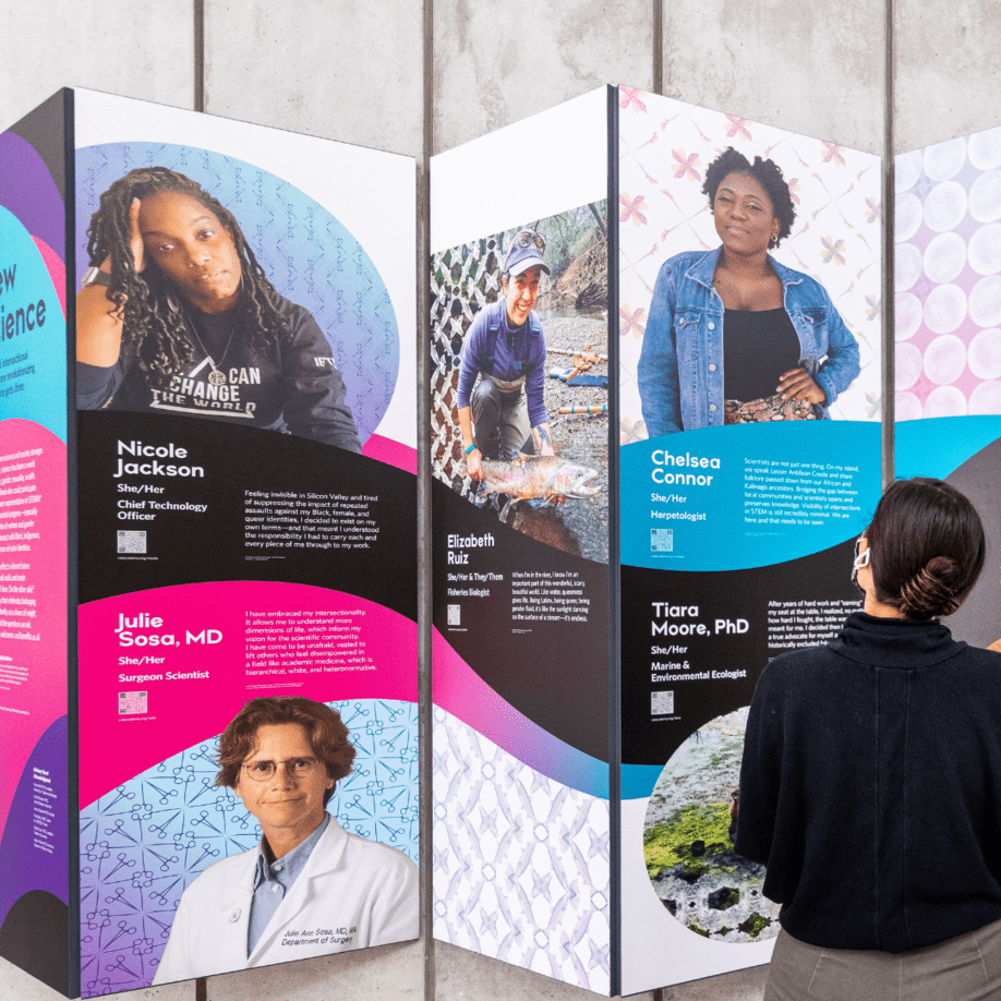 Exhibit panel featuring STEM professionals who are women and gender minorities.