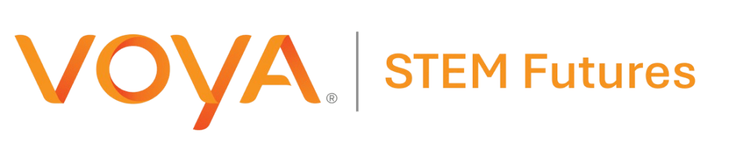 Logo for Voya STEM Futures. The word "Voya" appears in all capital letters, in two shades of orange. The words "STEM futures" appear to the side.