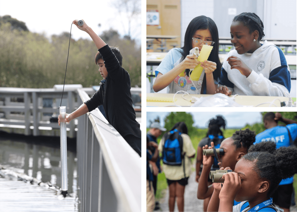 Images of youth participating in Voya-funded STEM activities. From left: taking water samples, building with hot glue, using binoculars